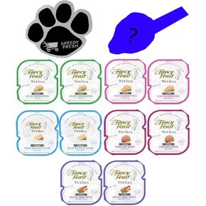 Fancy Feast Petites Wet Cat Food Variety Pack (24 Servings/12 Pack/6 Flavors) Bundle with Magnet and Mystery cat Toy
