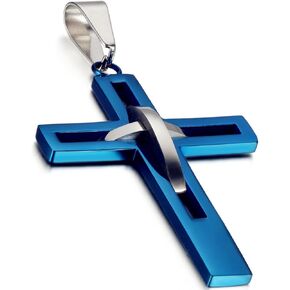 Flongo Men's Vintage Stainless Steel 2 Tone Hollowed Dual Cross Pendant Necklace, 22 inch Chain