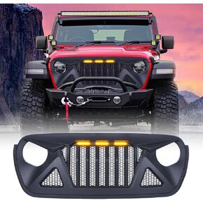 Front Grill for 2018-2022 2023 Jeep Wrangler JL JLU Gladiator JT Grille Aftermarket Front Grille with Amber LED Grills Lights fit 2020 2021 2022 2023 Jeep Gladiator JT Grille Accessories