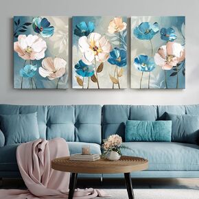 Blue Floral Wall Art for Living Room, 3 Piece Flower Canvas Prints above Bed Decor, Pink and Blue Pictures for Home Office, Abstract Plant Artwork for Walls 12x16 Inch