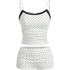 MakeMeChic Women's 2 Piece Cute Pajama Set Cartoon Print Ruched Cami Crop Tops and Shorts Lounge Sets