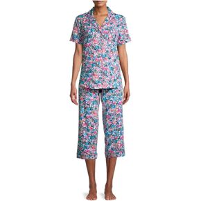 Arctic White Jungle Floral Notch Collar Capri Pajama Sleep Set - Small
