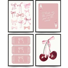 ETVISO Coquette Room Decor for Girls Room, Trendy Pink Bows Wall Art, College Apartment Decor Aesthetic Wall Art Prints Cherry Poker, Living Room Decor 8x10 Inch Set of 4 Unframed (Black)