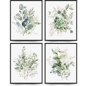 Sage Green Botanical Wall Art Set of 4 Boho Floral Flower Wall Decor Prints,Sage Green Wildflower Wall Art，Modern Floral Plant Botanical Decor for Bedroom Bathroom Farmhouse,8x10 Inch Unframed
