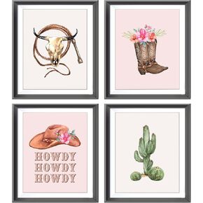 Yee Haw Howdy Cowgirl Floral Boots Hat Bull Skull Cactus Preppy Poster Prints for Girls Room Dorm Decor,Watercolor Retro Western Decorations Prints Wall Art Unframed 4pcs 8x10inches,Teen Girls Gifts