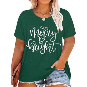 Plus Size Christmas Shirts Women: Plaid Christmas Tree Shirt Merry and Bright Printed Tshirts Xmas Holiday Tee Tops