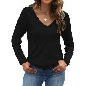 Sherosa Womens T Shirts V-Neck Long Sleeve Loose Fit Shirts Casual Solid Basic Tops