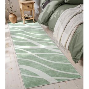 Modern Waved Runners for Hallway, 2.5x8 Green Kitchen Runner Rugs Non Skid Washable Runner Rug, Soft Low Pile Carpet Runner for Bedroom Entryway Laundry(2.5x8ft,Green)