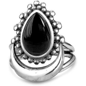 HAIXIAN Natural Gemstone Bohemian Ring,S925 Sterling Silver Crystal Quartz Gem Stone boho Crescent Moon Statement Ring Jewelry Gift for Women Girls