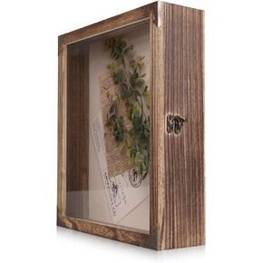 Shadow Box Frame 11x14 with Retro Metal Accents and Lock, Solid Wood Acrylic Door Display Case with Linen Back, 10 Stick Pins, and 2.7-Inch Depth for Photos, Medals, and Memorabilia (Medium)