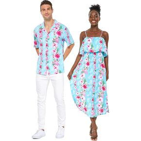 Matchable Couple Hawaiian Luau Shirt or Maxi Ruffle Dress in Pink Turquoise Hibiscus Vine