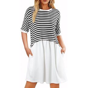 Acelitt Women Casual Summer Short Sleeve Crewneck Striped Dresses Loose Tshirt Dress,S-2XL
