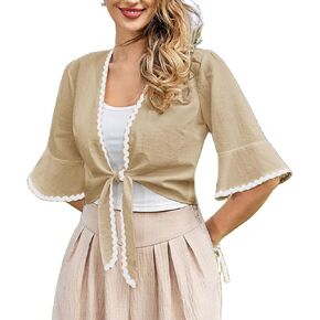 Belle Poque Womens Shrug Tie Front Bell Sleeve Shrugs Summer Cropped Bolero Cardigan Lightweight Short Shawl Tops