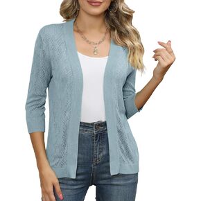 Women's Cardigans 3/4 Sleeve Open Front Lightweight Cropped Cardigan Sweater Hollow Out Knit Shrugs for Dresses