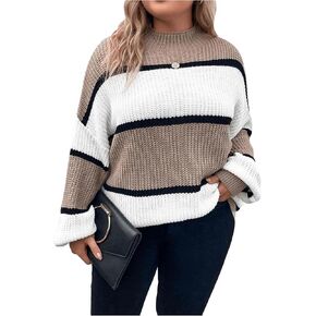 SOLY HUX Women's Plus Size Sweater Color Block Mock Neck Drop Shoulder Long Sleeve Knit Pullover Tops