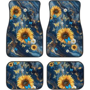 Sunflower with Butterfly Car Floor Mats Full Set 4 Pack Universal Fit for SUV, Trucks, Sedans, Vans All Weather Car Floor Carpets Protector Rugs for Women