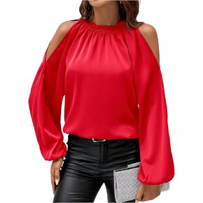 Verdusa Women's Long Sleeve Blouse Cold Shoulder Crew Neck Pleated Casual Shirts Lantern Sleeve Tops
