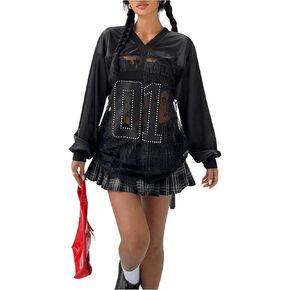 Women's Y2K Jersey Shirts Letter Print Oversized T Shirts Long Sleeve Mesh Lace Sheer Jersey V Neck See Through Tee