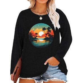 MK Shop Limited Womens Plus Size Tops Cute Graphic Vintage Sunrise Sunset Print Long Sleeve Natura Tees Fall O Neck Shirts
