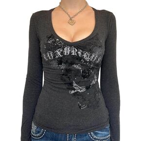 Women Vintage Y2K Long Sleeve Shirt Skull Fairy Grunge Gothic Graphic Printed Tee Tops Aesthetic Harajuku Top