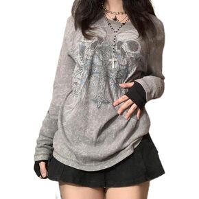 Women Vintage Y2K Long Sleeve Shirt Skull Fairy Grunge Gothic Graphic Printed Tee Tops Aesthetic Harajuku Top in Kuwait