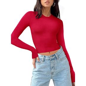 REORIA Womens Long Sleeve Shirts Basic Ribbed Crop Tops Fall Fashion Layering Slim Fitted Y2k Tops