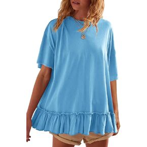 Tankaneo Womens Peplum Oversized Tshirt Summer Casual Pleated Shirt Dress Crew Neck Flowy Beach Tunic Tops