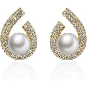 Pearl Stud Earrings for Women,Formal Brass Statement Round White Pearl Earrings For Party Prom Wedding