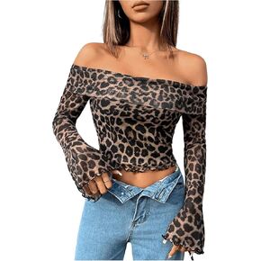 WDIRARA Women's Petite Leopard Print Off Shoulder T Shirt Long Bell Sleeve Tee Lettuce Trim Crop Top