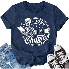 LBP Womens Skeleton Reading Shirts Book Lovers Funny Reading T-Shirt Just One More Chapter Tee Tops