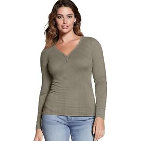Womens Henley Tops Long Sleeve Ribbed Knit V-Neck Slim Fitted Button Layering T-Shirts for Spring Casual