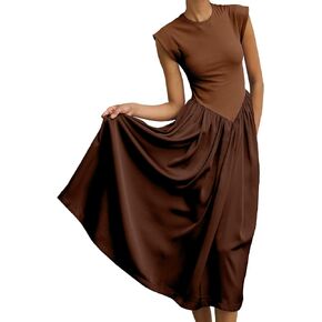 Women Elegant Cap Sleeve Midi Dresses Casual Crew Neck Pleated Knit Long Dress v Waist A Line Patchwork Flowy Dresses