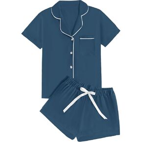 Rooscier Women's Pajamas Set Notch Collar Button Short Sleeve Shirt with Shorts PJs Set