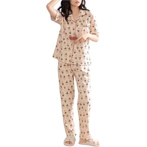 WDIRARA Women's 2 Piece Tropical Print Pajama Set Pocket Patched Button Down Shirt with Pants Lounge Sets