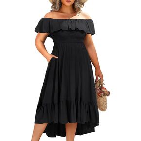 فساتين صيفية بمقاسات كبيرة من Pinup Fashion - فستان بوهو كاجوال مكشكش مكشوف الأكتاف ومرتفع ومنخفض مع جيوب