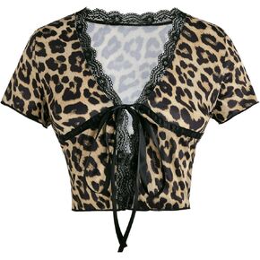 SOLY HUX Women's Y2k Lace Leopard Print Tee Crop Tops Deep V Neck Tie Front Short Sleeve T Shirt