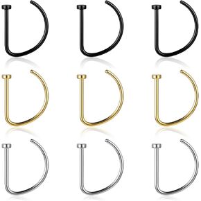 9Pcs Type D Fake Piercing Clip18G 10mm Multicolor Fake Nose Rings Hoops on Nose Lip Earrings Stud Stainless Steel Double Hoop Faux Septum Nose Rings for Women Men Ideal Gift