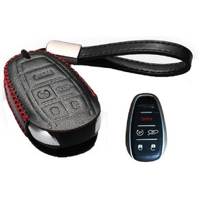 Key Fob Cover Compatible for Alfa Romeo Giulia, Stelvio, 4C Spider 2017 - 2024, Leather Smart Key Fob Case (5-Button, Black/Red)