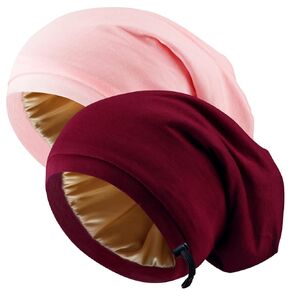 2 Pcs Adjustable Silk Satin Bonnet Hair Wrap for Sleeping - Silk Lined Slouchy with Adjustable Strap - Night Caps for Women and Men with Curly Hair - Head Scarf
