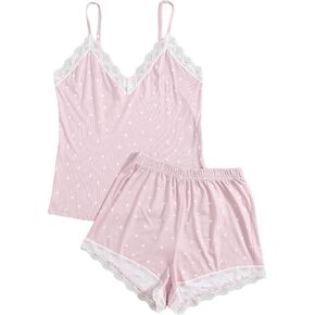 Floerns Women's 2 Piece Polka Dots Spaghetti Strap Cami Top and Lace Trim Shorts Pajama Set