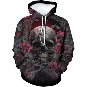 Rose Skull Printed Hoodie For Men Novelty Graphic Hoodies Fashion Pullover With Pocket