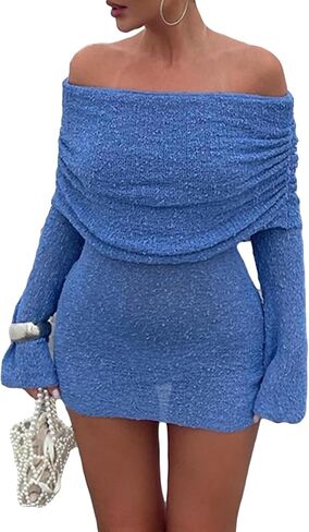 Unybwonn Women's Off Shoulder Mini Short Dress Bodycon Long Sleeve Crochet Sexy Going Out Mesh Elegant Sweater Dresses in Kuwait