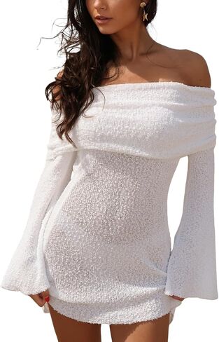 Unybwonn Women's Off Shoulder Mini Short Dress Bodycon Long Sleeve Crochet Sexy Going Out Mesh Elegant Sweater Dresses in Kuwait