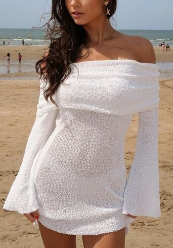 Unybwonn Women's Off Shoulder Mini Short Dress Bodycon Long Sleeve Crochet Sexy Going Out Mesh Elegant Sweater Dresses in Kuwait
