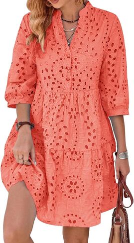 utcoco Women's 2024 Eyelet Lace Midi Dress V Neck Puff 3/4 Sleeve Button Tiered Sexy A Line Sun Dress in Kuwait