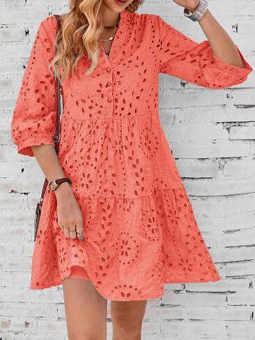 utcoco Women's 2024 Eyelet Lace Midi Dress V Neck Puff 3/4 Sleeve Button Tiered Sexy A Line Sun Dress in Kuwait