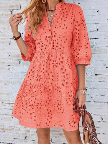 utcoco Women's 2024 Eyelet Lace Midi Dress V Neck Puff 3/4 Sleeve Button Tiered Sexy A Line Sun Dress in Kuwait