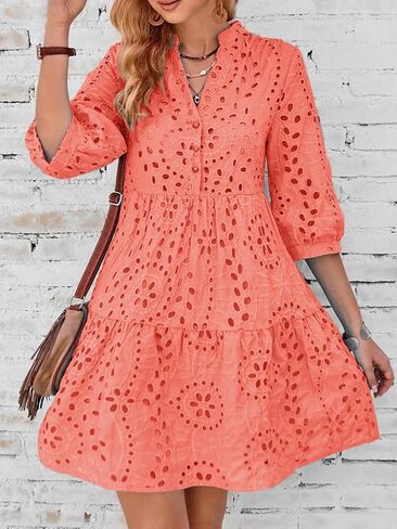utcoco Women's 2024 Eyelet Lace Midi Dress V Neck Puff 3/4 Sleeve Button Tiered Sexy A Line Sun Dress in Kuwait