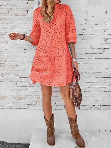utcoco Women's 2024 Eyelet Lace Midi Dress V Neck Puff 3/4 Sleeve Button Tiered Sexy A Line Sun Dress in Kuwait
