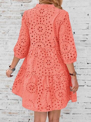 utcoco Women's 2024 Eyelet Lace Midi Dress V Neck Puff 3/4 Sleeve Button Tiered Sexy A Line Sun Dress in Kuwait